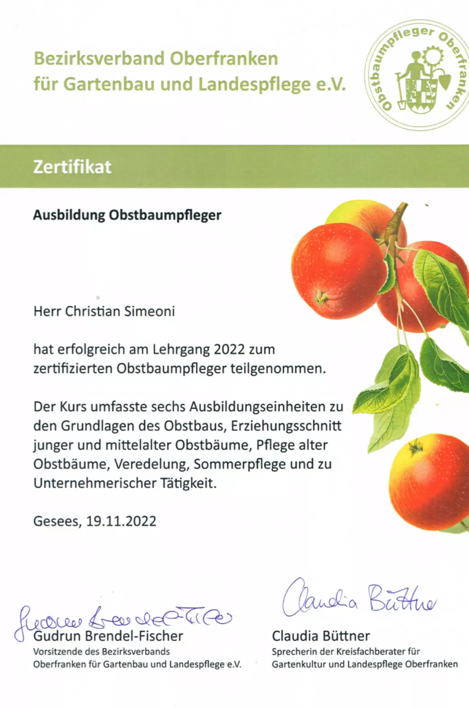 Obstbaumpflege Simeoni Zertifikat
